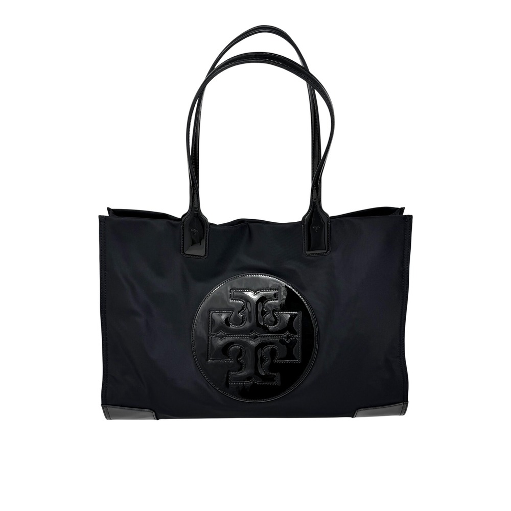 Tory Burch Ella Tote Black Nylon Patent Trim Double T Logo Large Shoulder Bag